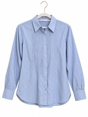 CAbi Light Blue Chambray Button-Front Pleated Pintuck Long Sleeve Blouse